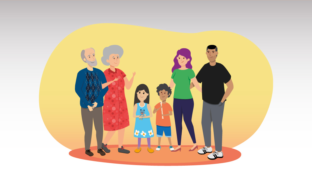 Familia compuesta por dos abuelos, mamá y papá e hijo e hija.