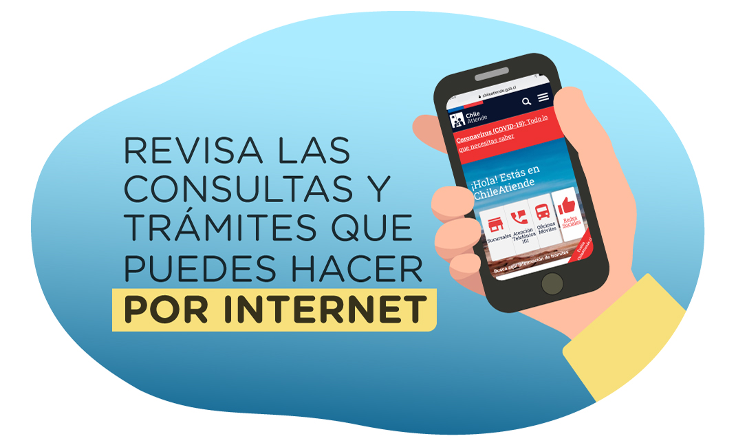 Imagen mano con celular, texto "revisa las consultas y trámites que puedes hacer por internet".