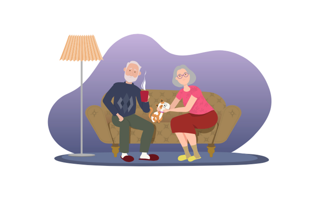 Pareja de adultos mayores, hombre y mujer, sentados, hombre tomando un café caliente y mujer acariciando un gato.