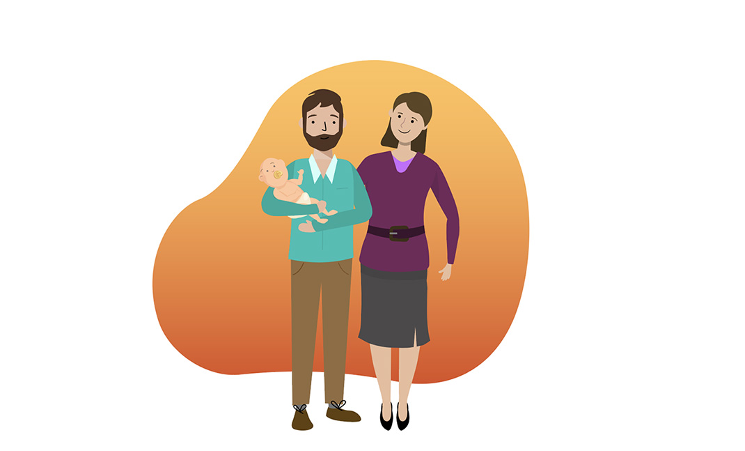 Madre, y padre con hijo pequeño en brazos.