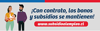 Hombre y mujer con niño en brazos. Texto "Con contrato, los bonos y subsidios se mantienen".