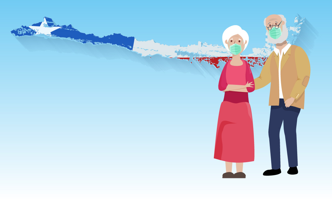 Pareja de adultos mayores, hombre y mujer con mascarilla y detrás el mapa de Chile coloreada como bandera chilena.