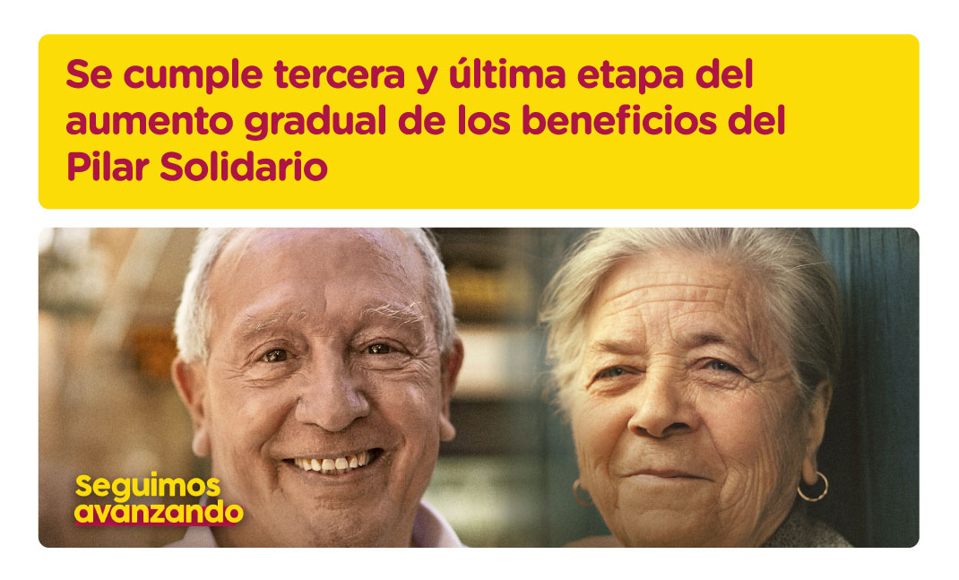 Rostro de hombre y mujer, mayores, sonriendo, junto a texto: Se cumple tercera y última etapa del aumento gradual de los beneficios del Pilar Solidario..