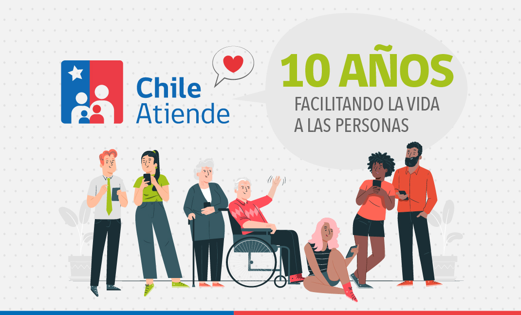 Usuarios de diferentes grupos etáreos y género, bajo texto 10 años facilitando la vida a las personas.