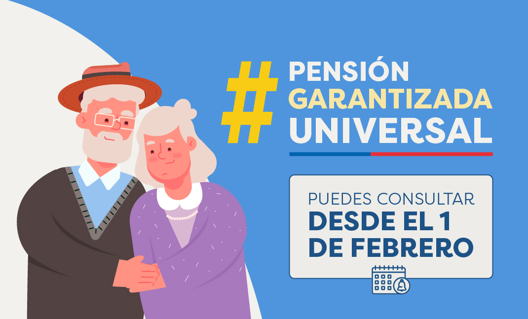 Dos adultos mayores, hombre y mujer, texto Pensión Garantizada Universal, puedes consultar desde el 1 de febrero.