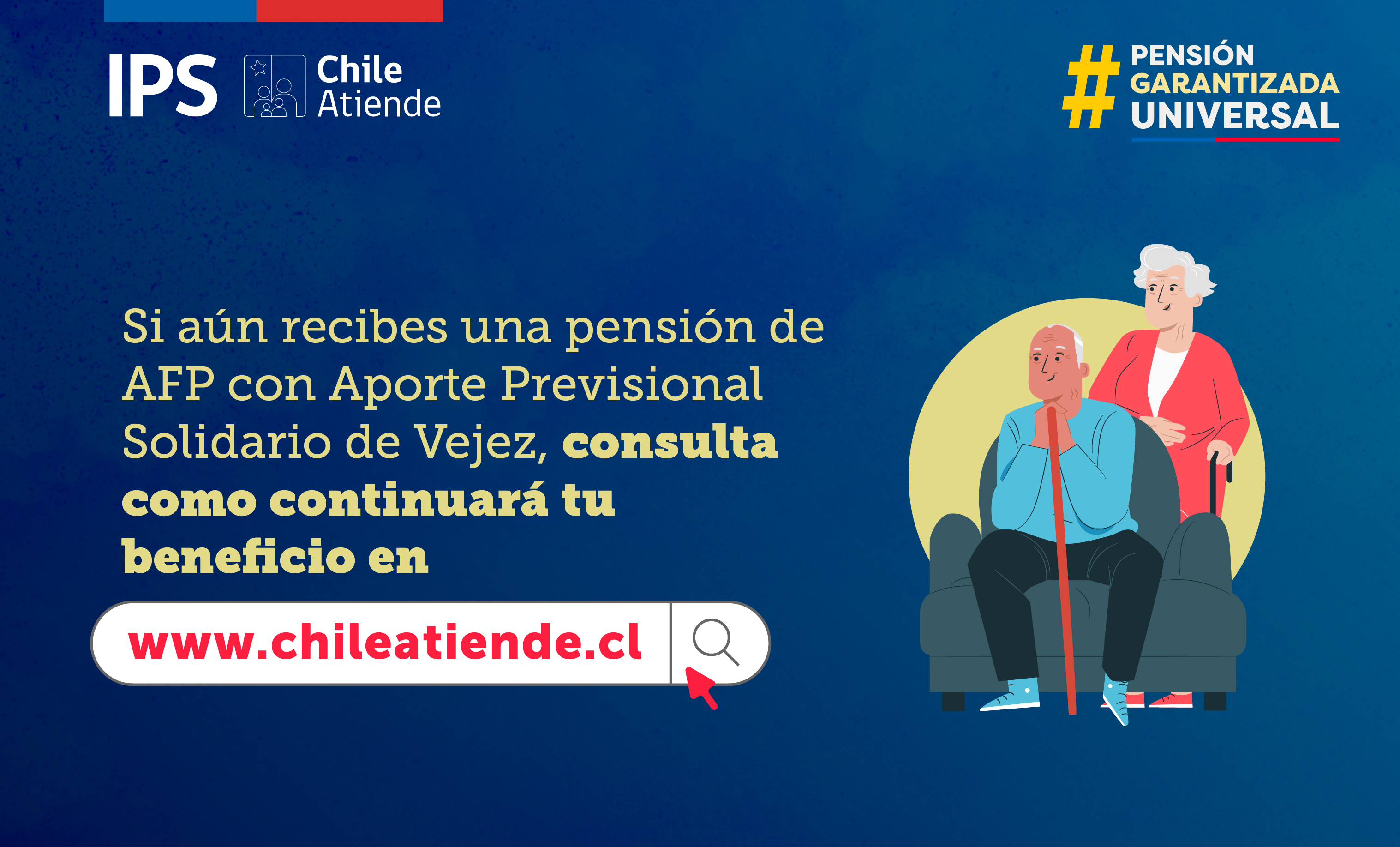 Pareja de adultos mayores, mujer y hombre sentado, con texto "Pensión Garantizada Universal".