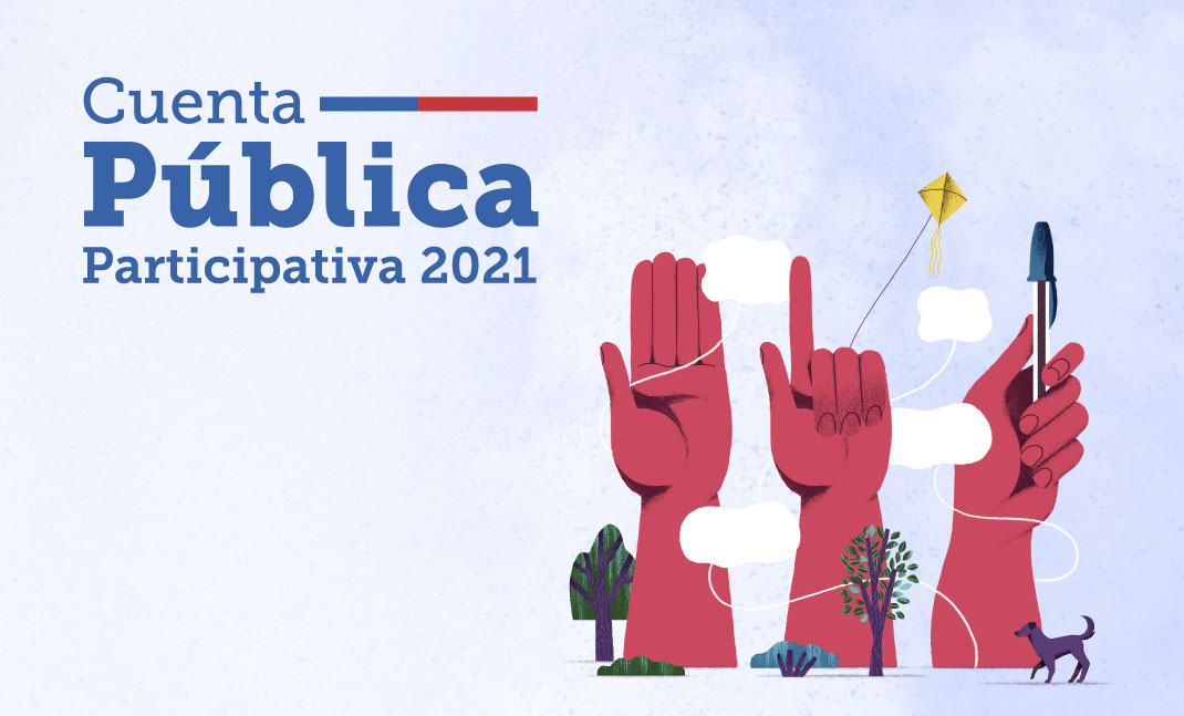 Imagen con árboles pequeños, un perrito y de tres manos gigantes con dedos hacia arriba, una mano sostiene un lápiz, con texto Cuenta Pública Participativa 2021.