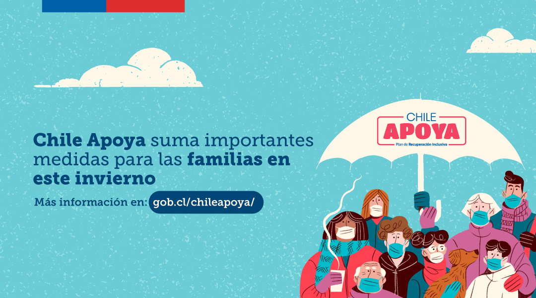 Diverso grupo etáreo  protegido con un paraguas, que contiene texto "ChileApoya"