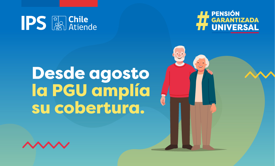 Pareja de adultos mayores, hombre abraza a mujer, texto "desde agosto la PGU amplía su cobertura".