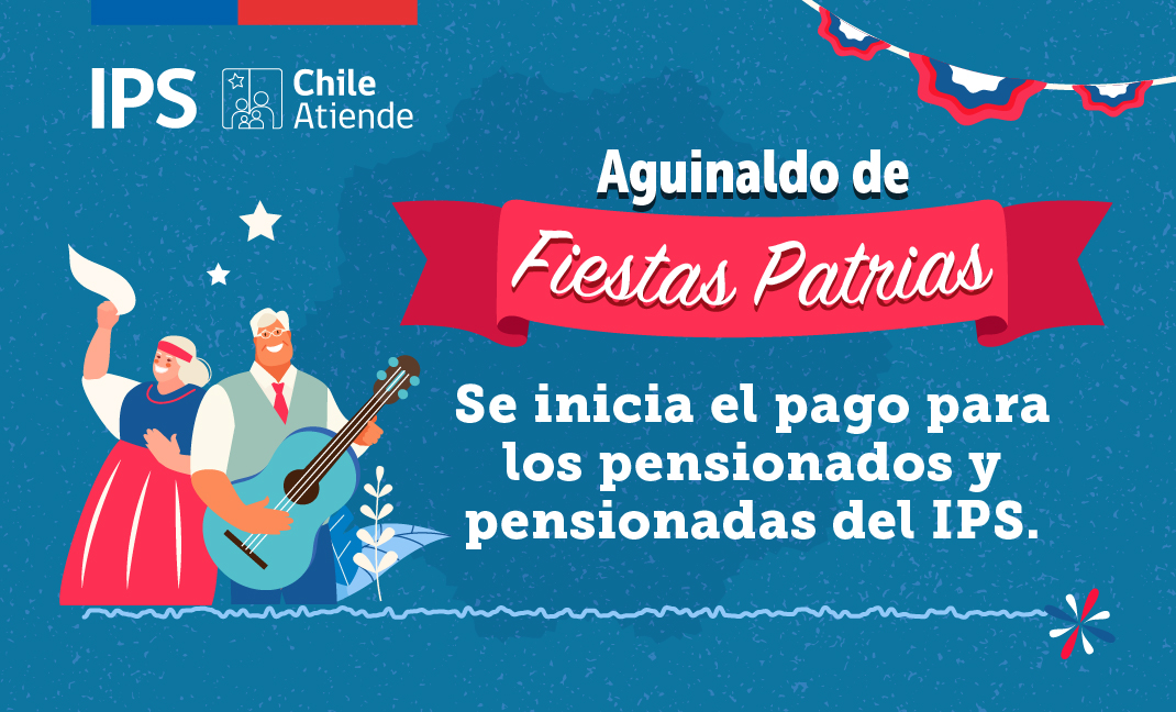 Pareja de adultos mayores, él tocando guitarra, ella ondeando un pañuelo. Texto: Aguinaldo de Fiestas Patrias.