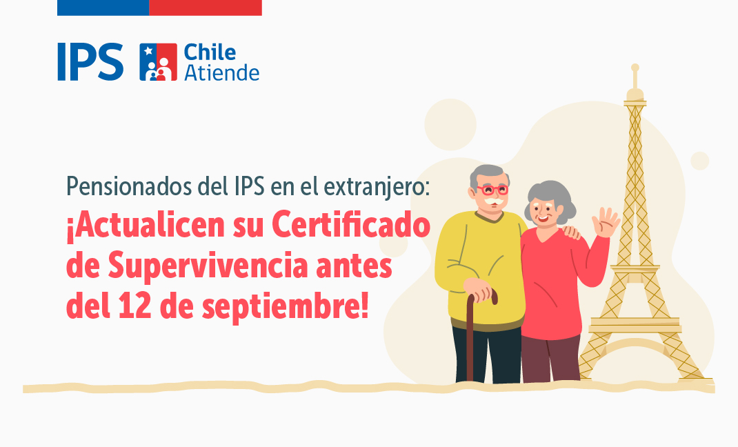 Dos adultos mayores, él la abraza por el hombro, texto: Pensionados del IPS en el extranjero, actualicen su certificado de supervivencia antes del 12 de septiembre.