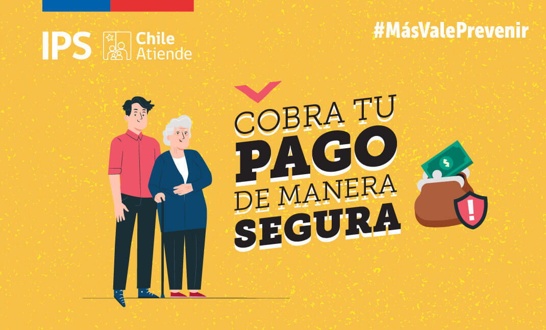 Hombre joven, acompañando a mujer adulta con bastón, texto: Cobra tu pago de manera segura.