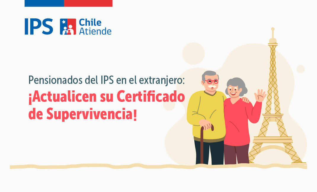 Dos adultos mayores, él la abraza por el hombro, texto: Pensionados del IPS en el extranjero, actualicen su certificado de supervivencia.