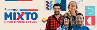 Diferente grupo etáreo, texto Sistema mixto, mejores pensiones para Chile.